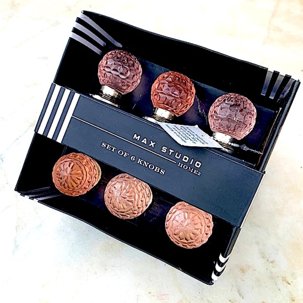 MAX STUDIO DRAWER KNOBS PINK CUT GLASS ROUND SET OF 6 NIB